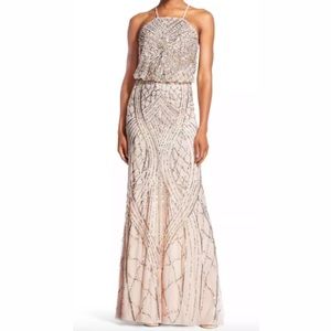 Adrianna Papell pink/blush beaded halter gown 16